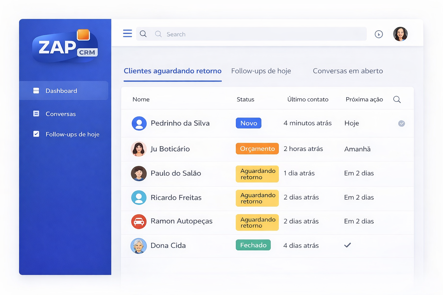 Painel do ZapCRM mostrando lista de clientes